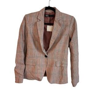 NWT Zara Beige Plaid Printed Single Button Blazer Size 4